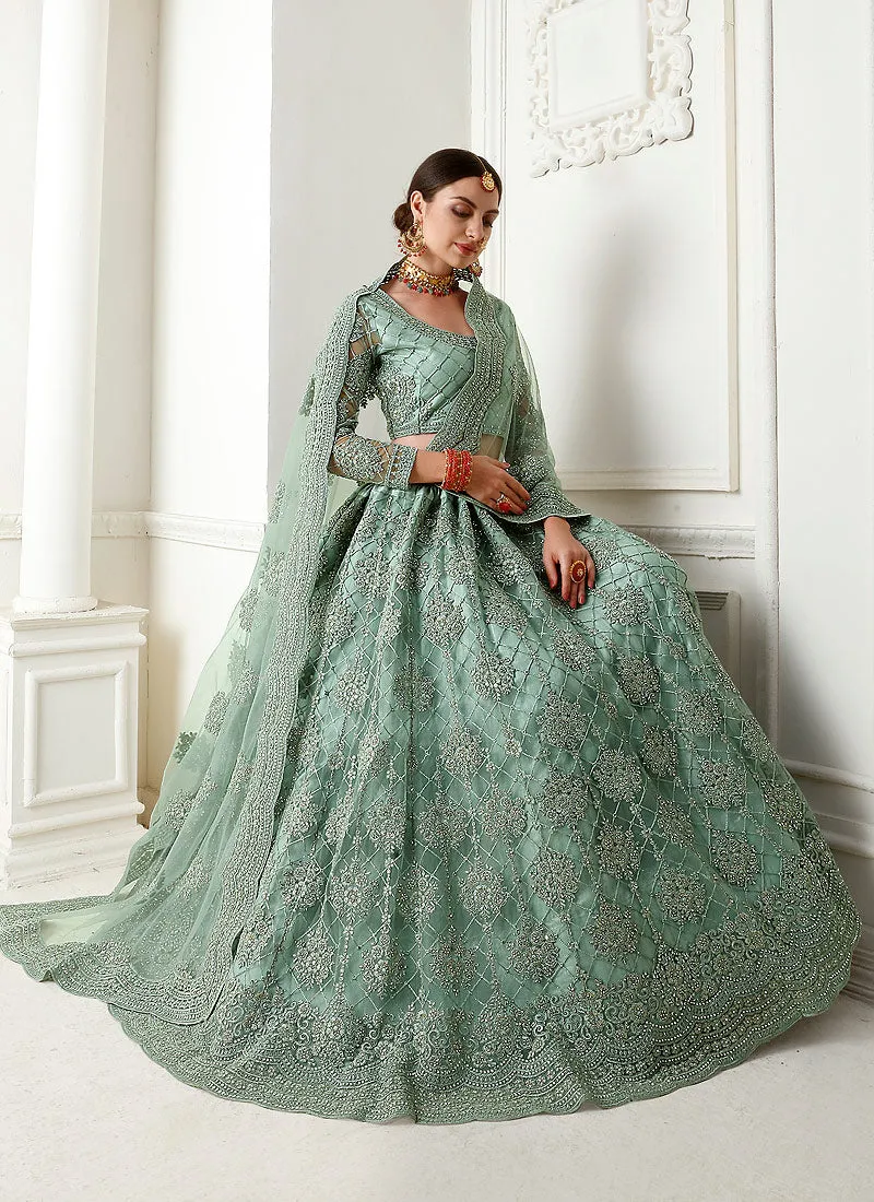 Teal Blue Pearl Embroidered Wedding Lehenga Choli