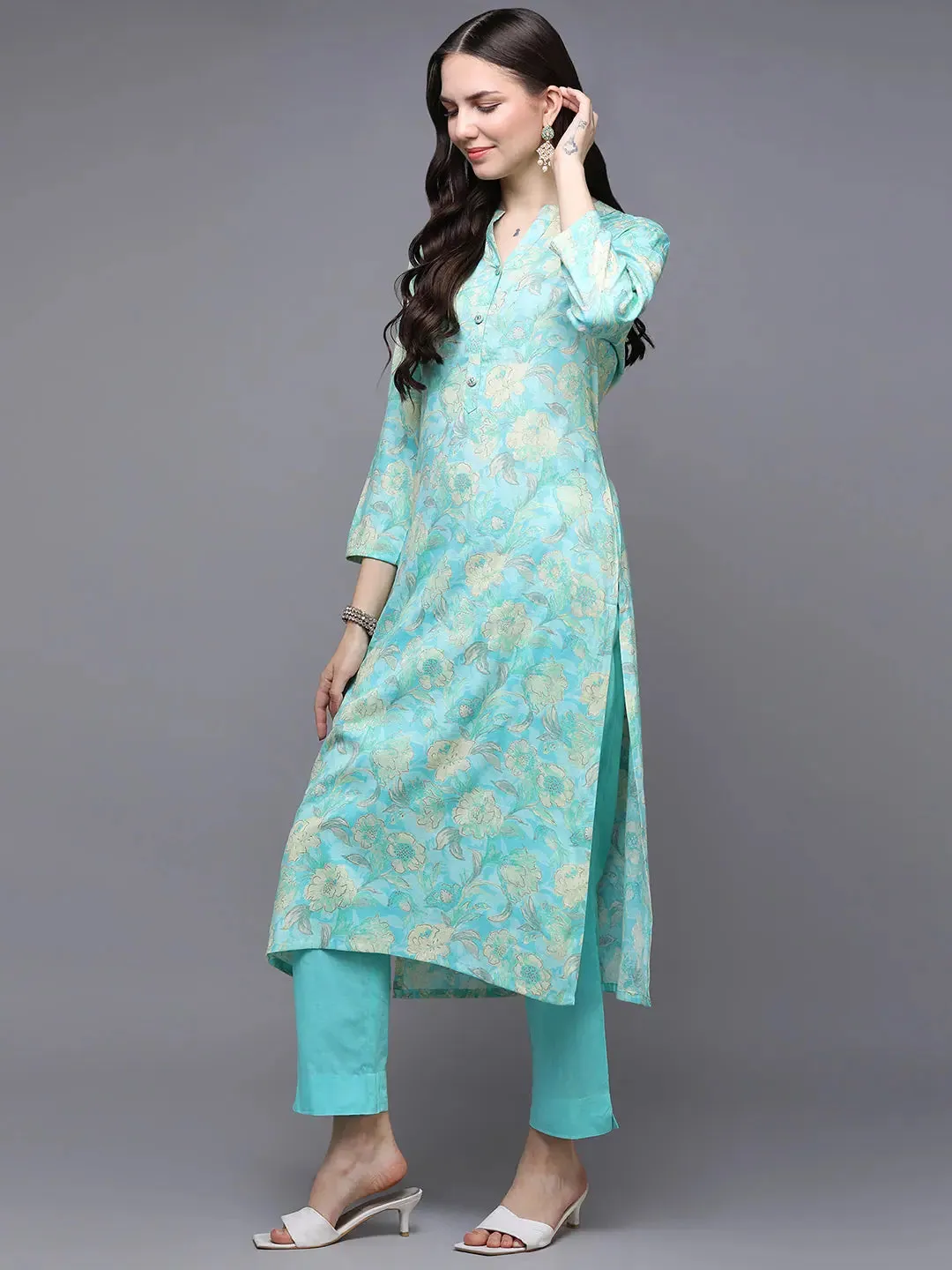 Turquoise Blue Viscose Rayon Floral