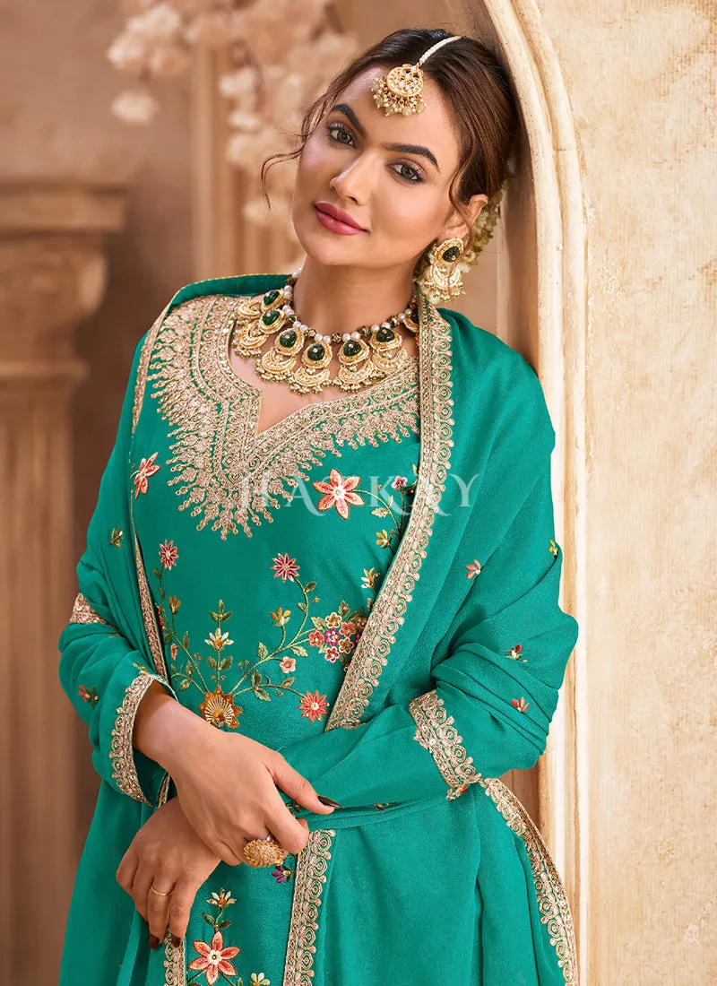 Turquoise Multi Embroidery Palazzo Style Suit