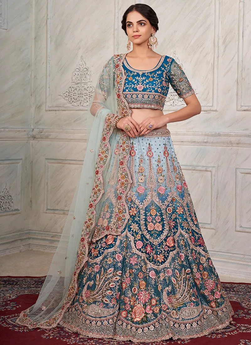 Turquoise Ombré Multi Embroidery Wedding Lehenga Choli