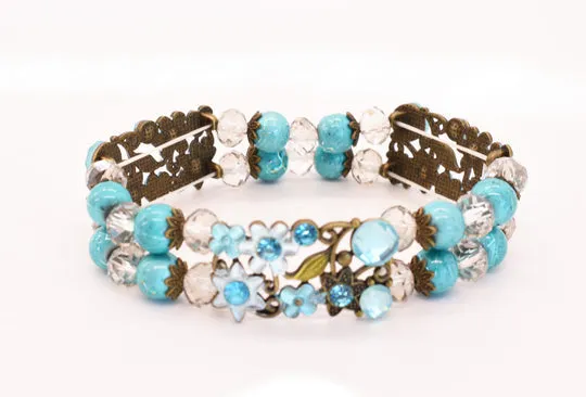 Turquoise Resin & Crystal Beads Stretch Link Bracelet