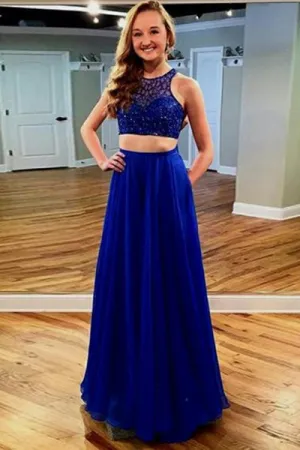 Two Piece Jewel Floor-Length Royal Blue Chiffon Prom Dress with Lace Pockets D018