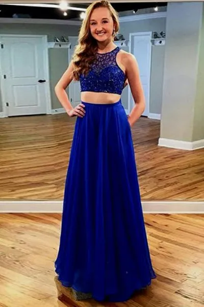 Two Piece Jewel Floor-Length Royal Blue Chiffon Prom Dress with Lace Pockets D018