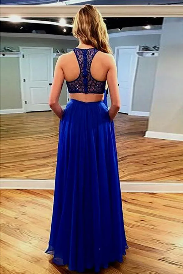 Two Piece Jewel Floor-Length Royal Blue Chiffon Prom Dress with Lace Pockets D018