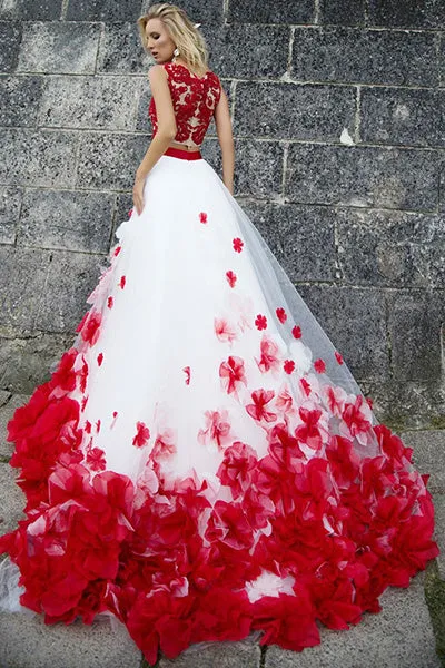 Two Piece Jewel Sweep Train Red Tulle Prom Dress with Appliques Flowers Z23
