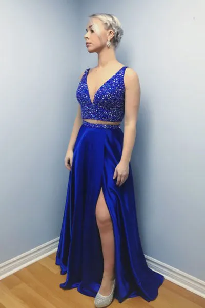 Two Piece V-Neck Sweep Train Royal Blue Prom Dress with Beading Split L010