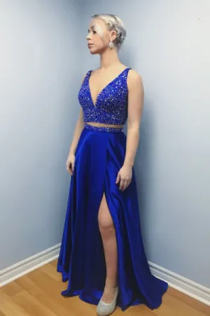 Two Piece V-Neck Sweep Train Royal Blue Prom Dress with Beading Split L010