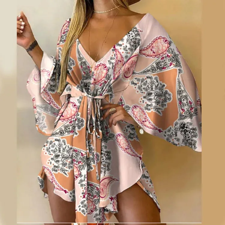 V-Neck Batwing Sleeve Lace-Up Mini Dress
