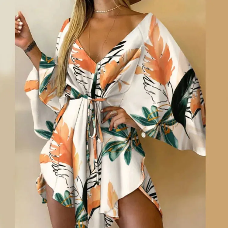 V-Neck Batwing Sleeve Lace-Up Mini Dress