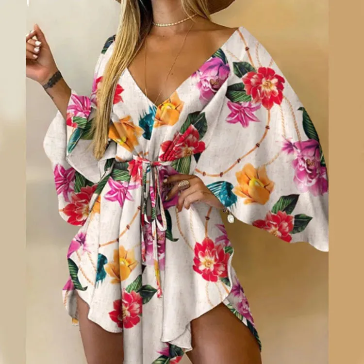 V-Neck Batwing Sleeve Lace-Up Mini Dress