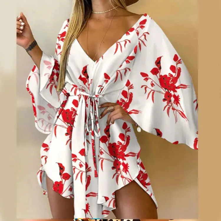 V-Neck Batwing Sleeve Lace-Up Mini Dress