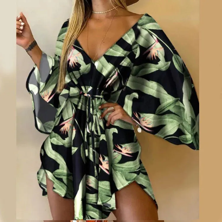 V-Neck Batwing Sleeve Lace-Up Mini Dress