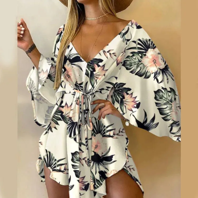 V-Neck Batwing Sleeve Lace-Up Mini Dress