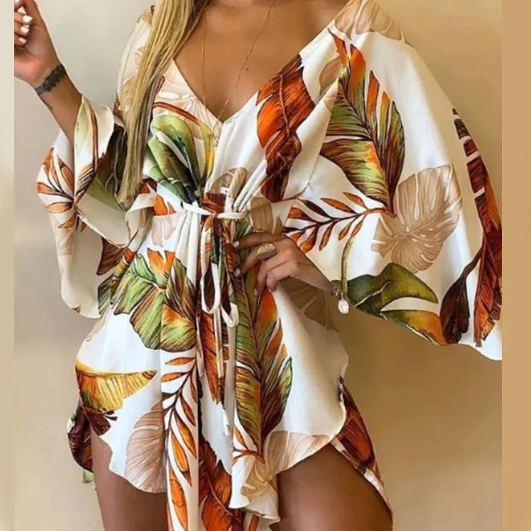 V-Neck Batwing Sleeve Lace-Up Mini Dress