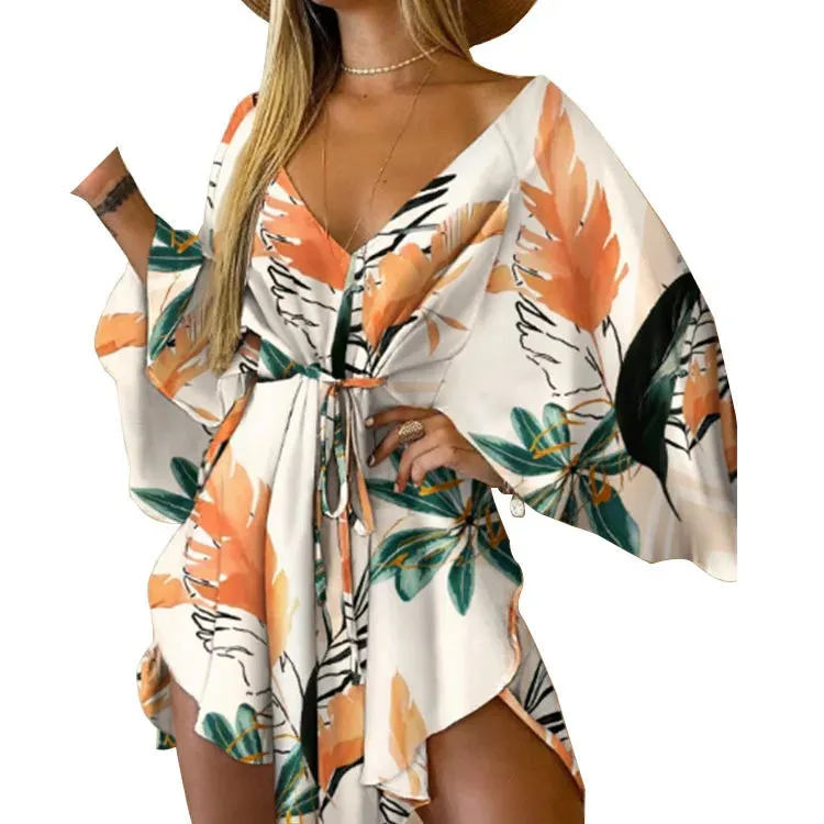 V-Neck Batwing Sleeve Lace-Up Mini Dress