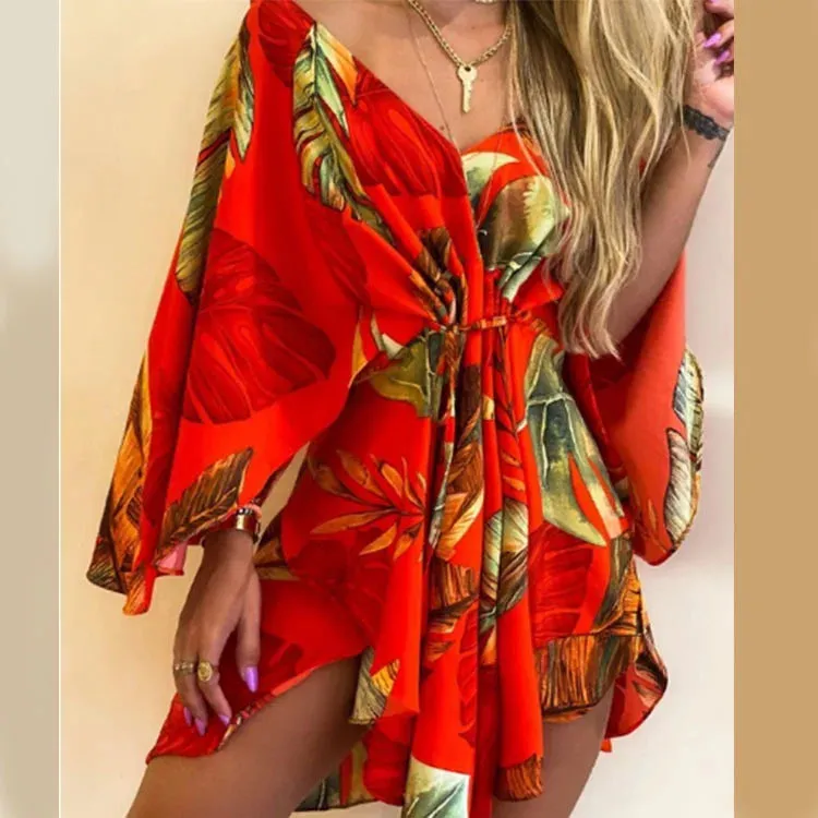 V-Neck Batwing Sleeve Lace-Up Mini Dress