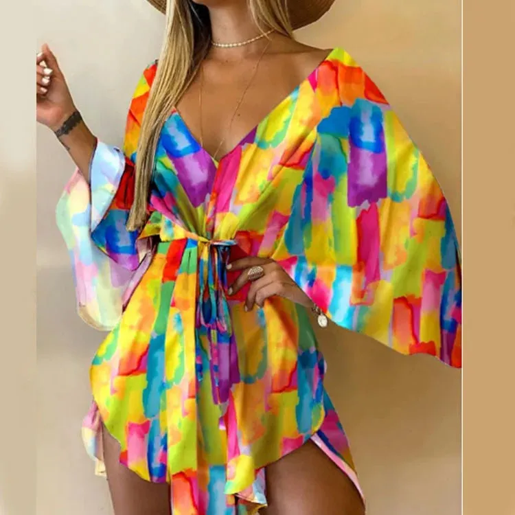 V-Neck Batwing Sleeve Lace-Up Mini Dress