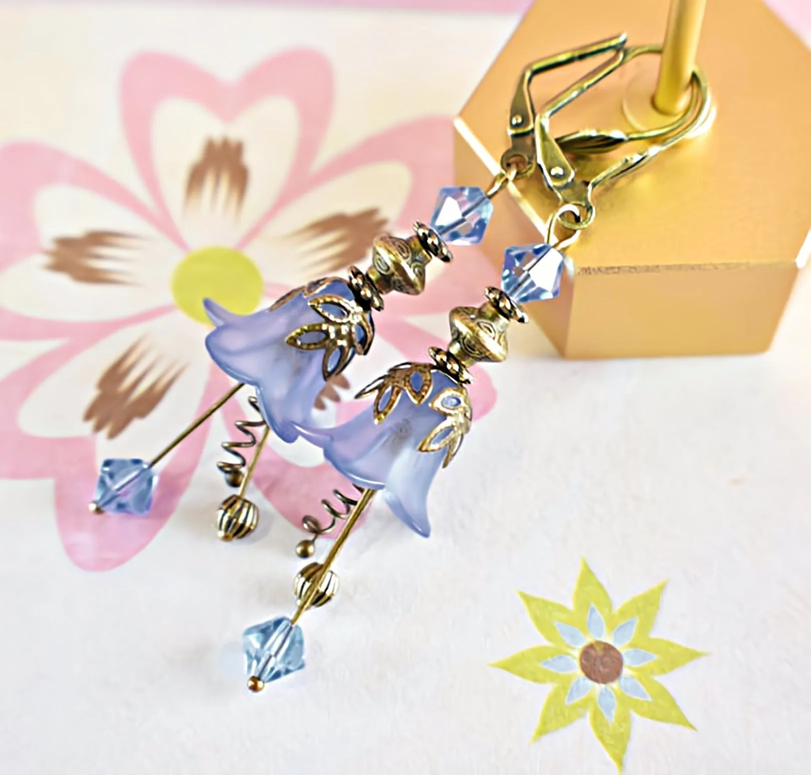 Vintage Victorian Style Light Denim Blue and Antique Bronze Bell Flower Lucite Earrings