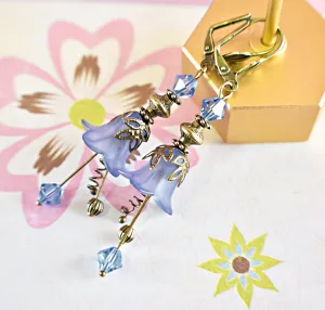 Vintage Victorian Style Light Denim Blue and Antique Bronze Bell Flower Lucite Earrings