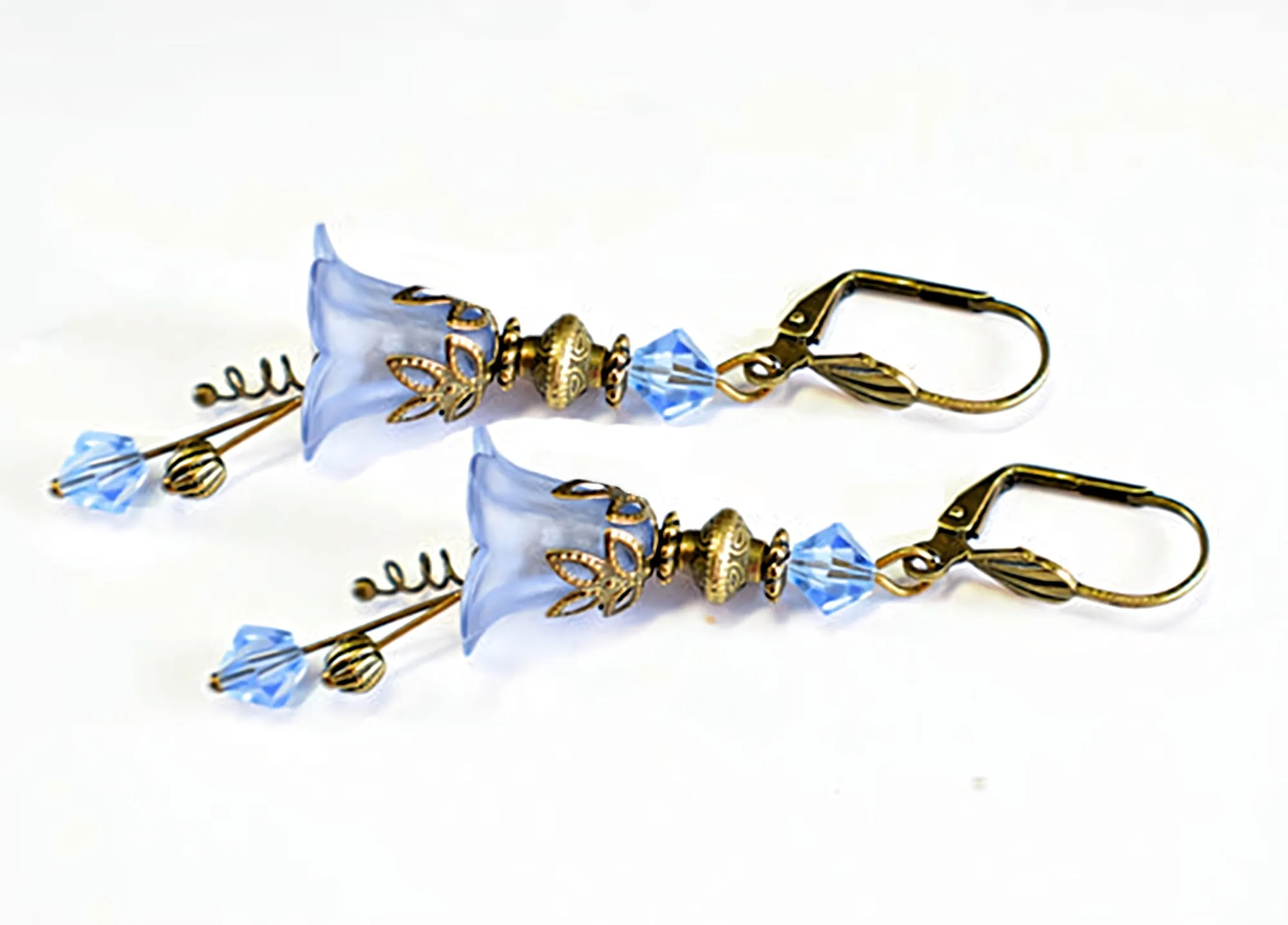 Vintage Victorian Style Light Denim Blue and Antique Bronze Bell Flower Lucite Earrings
