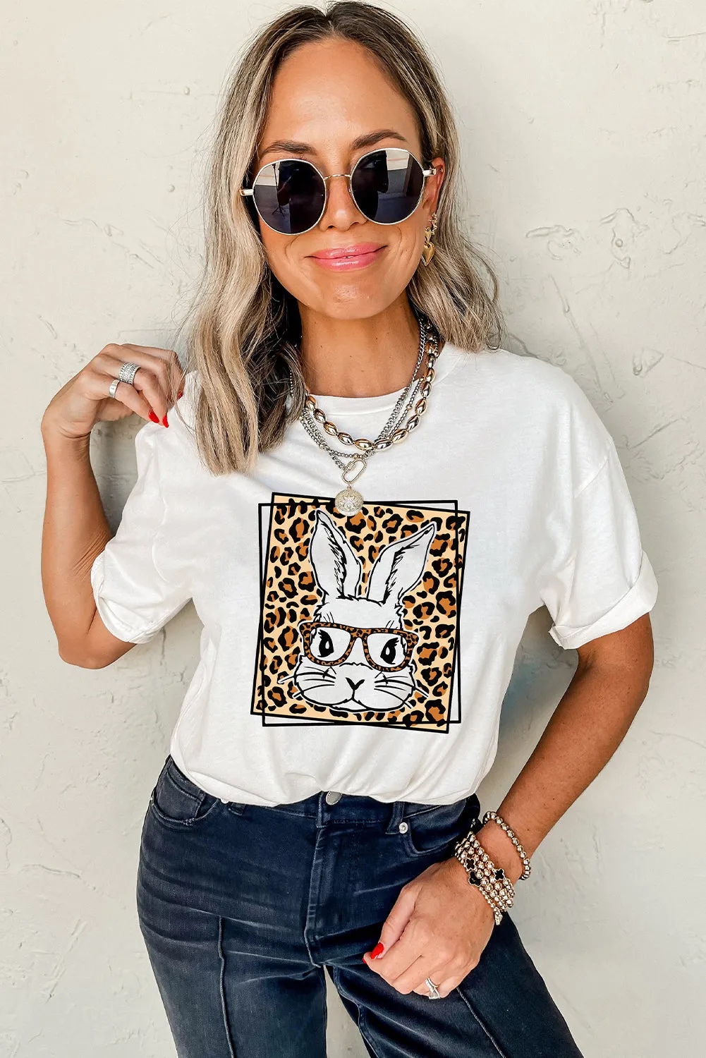 White Leopard Cute Bunny Graphic Crewneck Easter Tee
