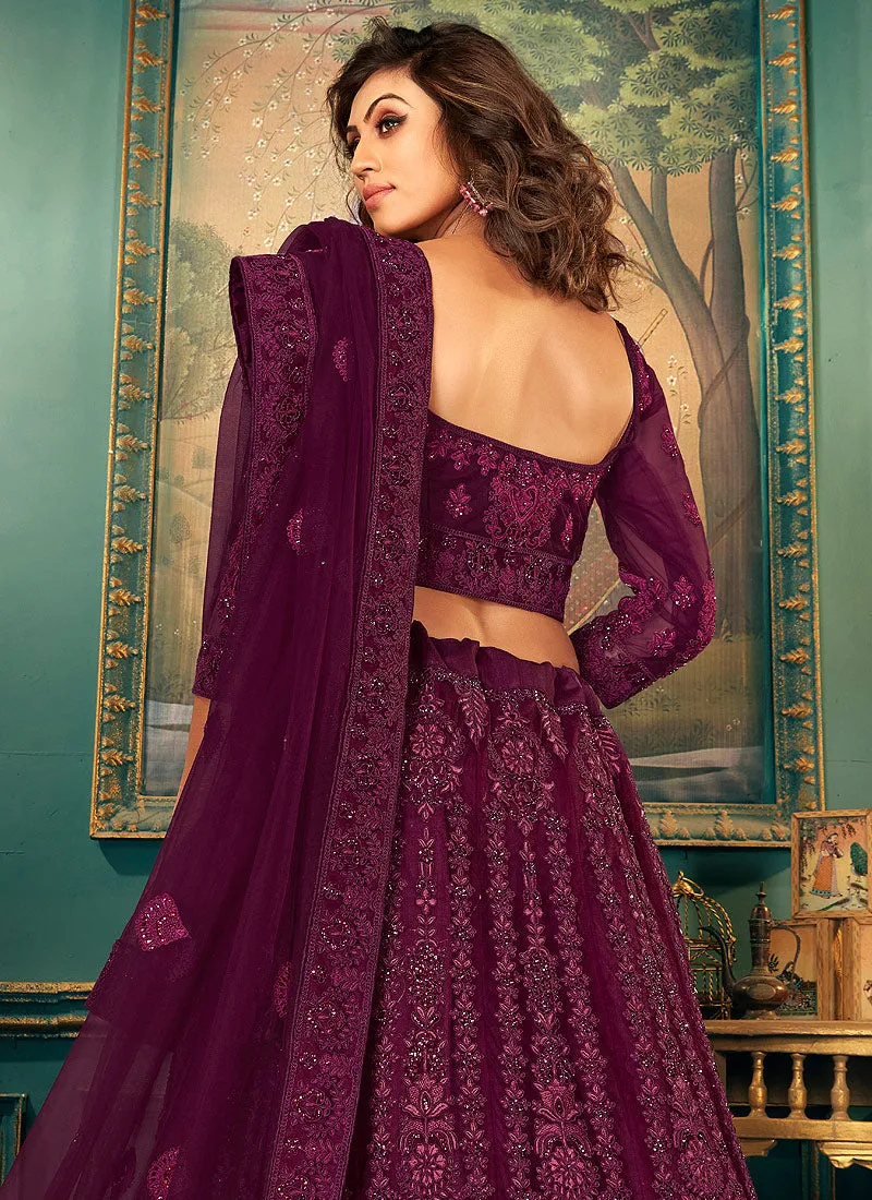 Wine Embroidered Wedding Lehenga Choli