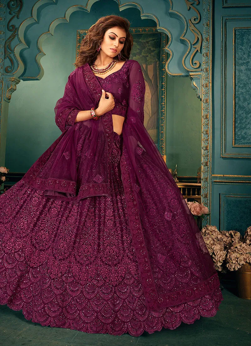 Wine Embroidered Wedding Lehenga Choli