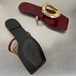 Wine Red Fashion Metal Footwear Women Slippers Flip Flops Summer Beach Female Slides Slippers Luxury Ladies Flats Sandals Shoes