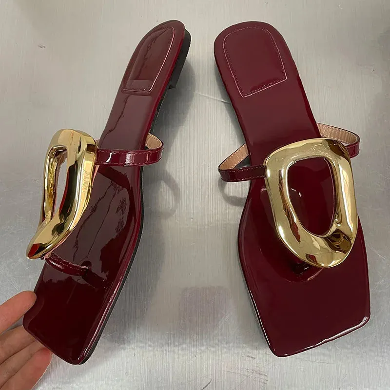 Wine Red Fashion Metal Footwear Women Slippers Flip Flops Summer Beach Female Slides Slippers Luxury Ladies Flats Sandals Shoes