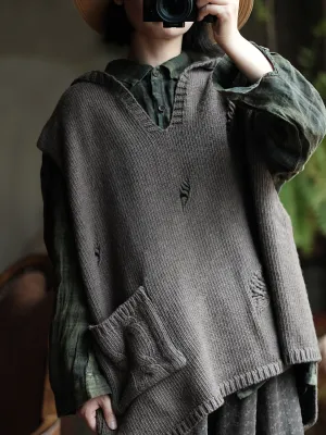 Women Autumn Solid Frayed Warm Hooded Wool Vest