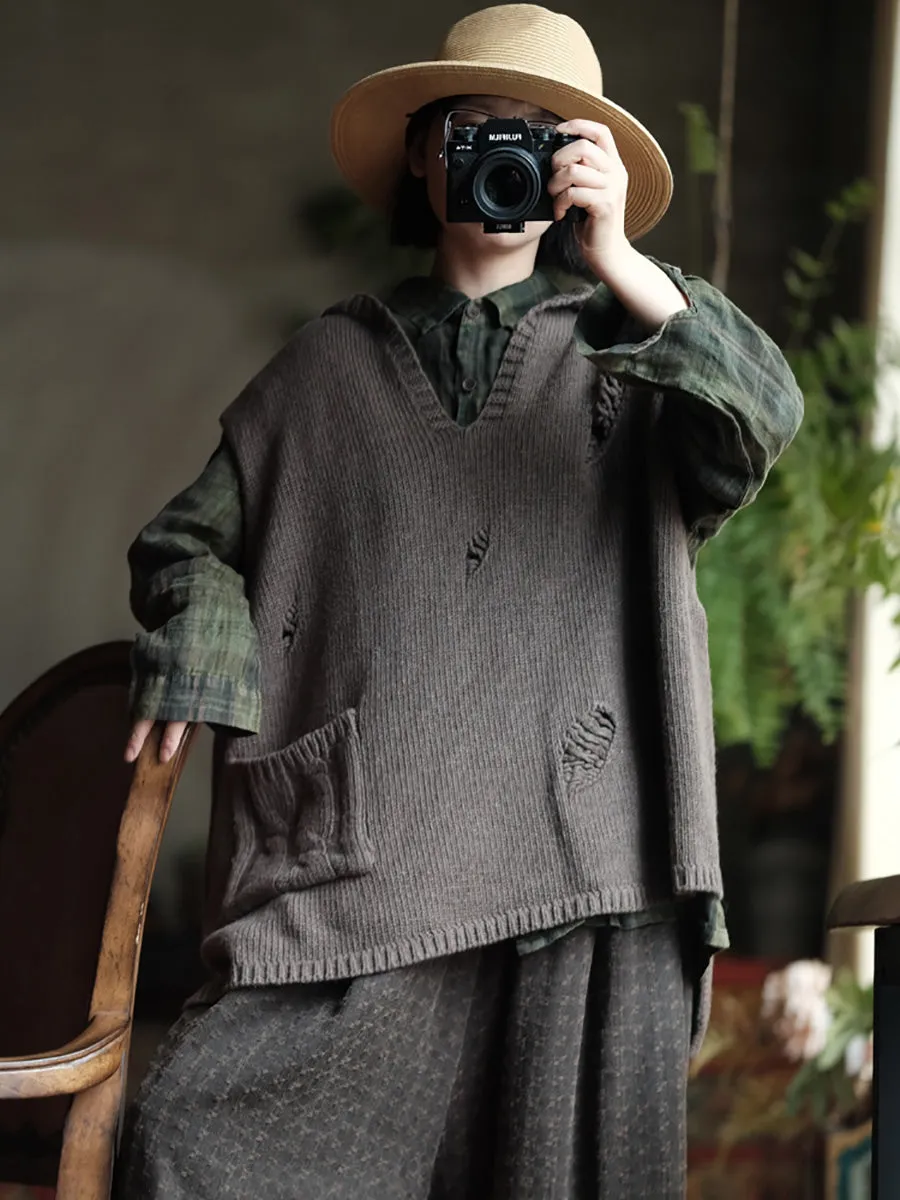 Women Autumn Solid Frayed Warm Hooded Wool Vest