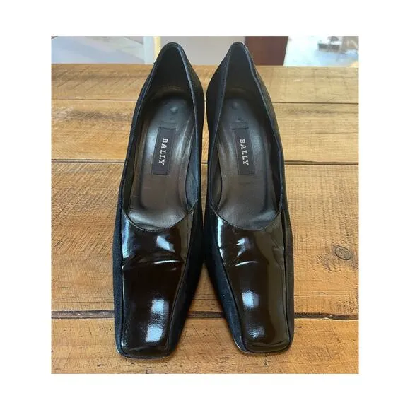 Womens BALLY Black Patent Felt Square Toe Made In Italy Dress High Heels 7.5