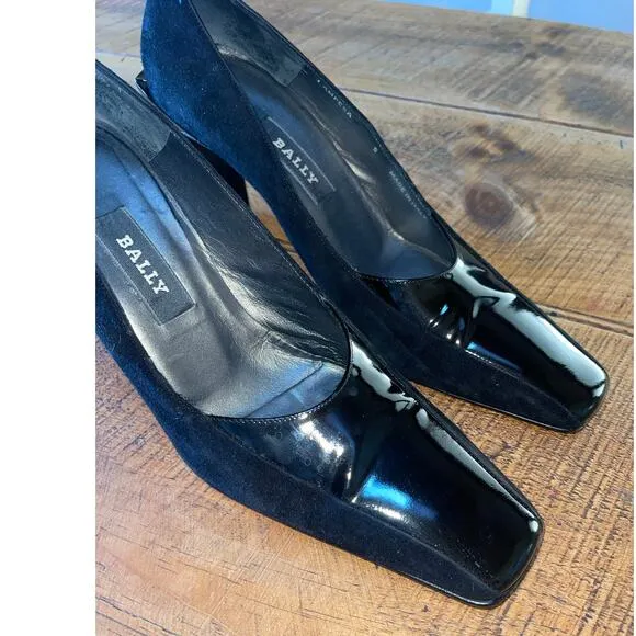 Womens BALLY Black Patent Felt Square Toe Made In Italy Dress High Heels 7.5