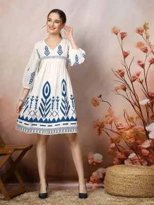 Women's Printed Rayon Flared dress-DRSBLUEGRACE