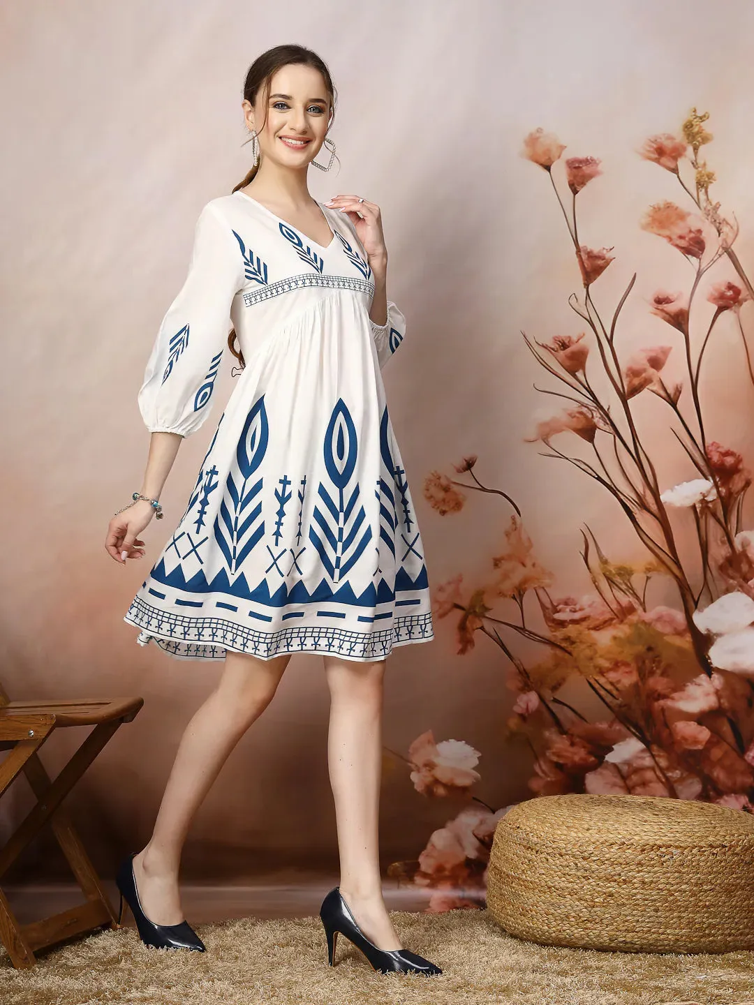 Women's Printed Rayon Flared dress-DRSBLUEGRACE