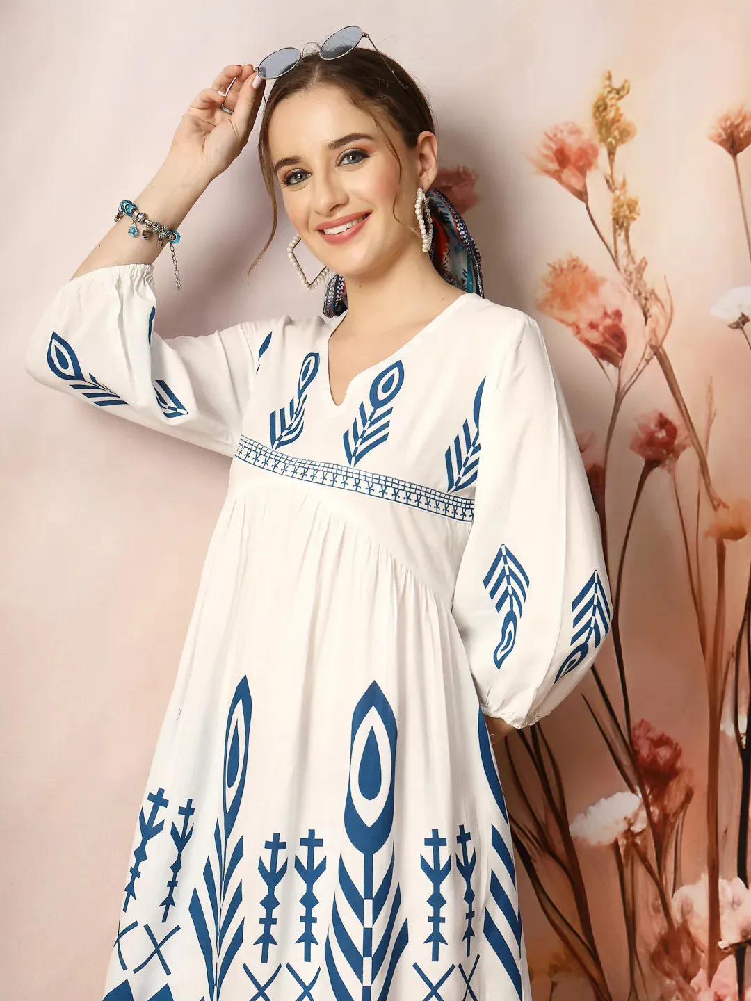 Women's Printed Rayon Flared dress-DRSBLUEGRACE