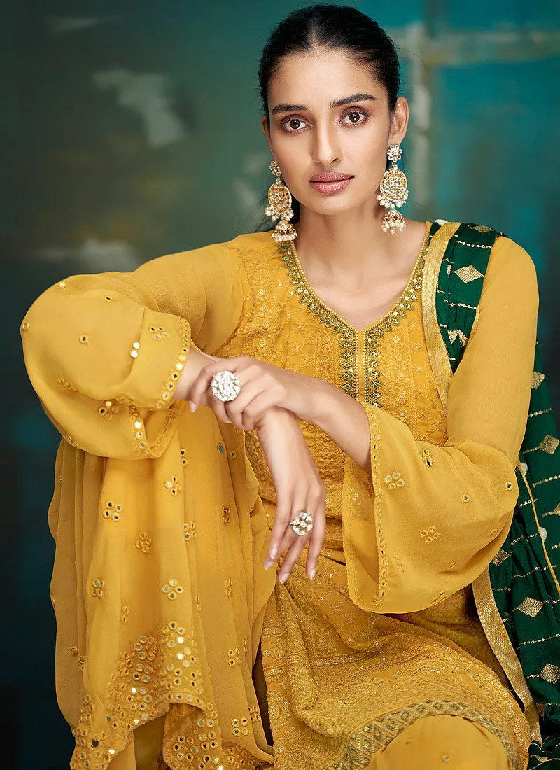 Yellow And Green Georgette Designer Gharara Suit