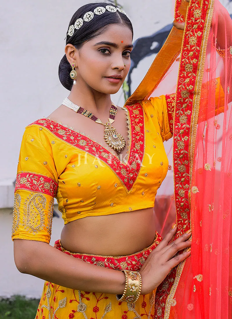 Yellow And Orange Multi Embroidery Silk Wedding Lehenga Choli
