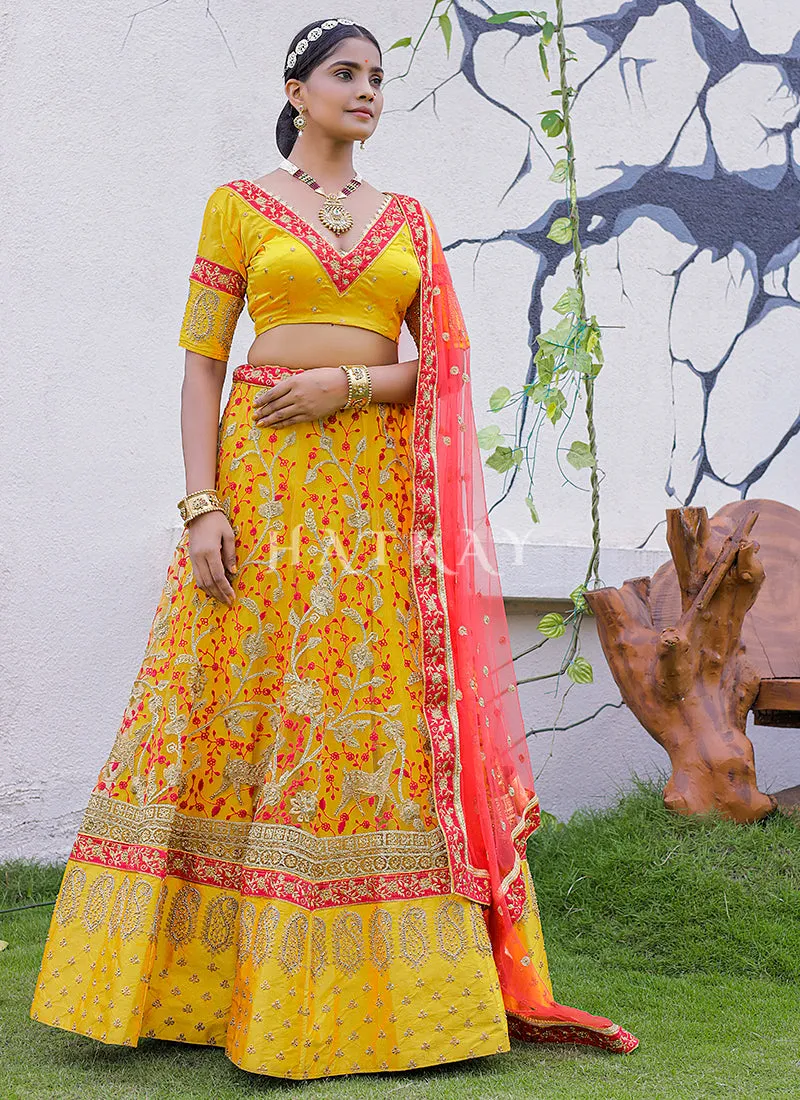 Yellow And Orange Multi Embroidery Silk Wedding Lehenga Choli