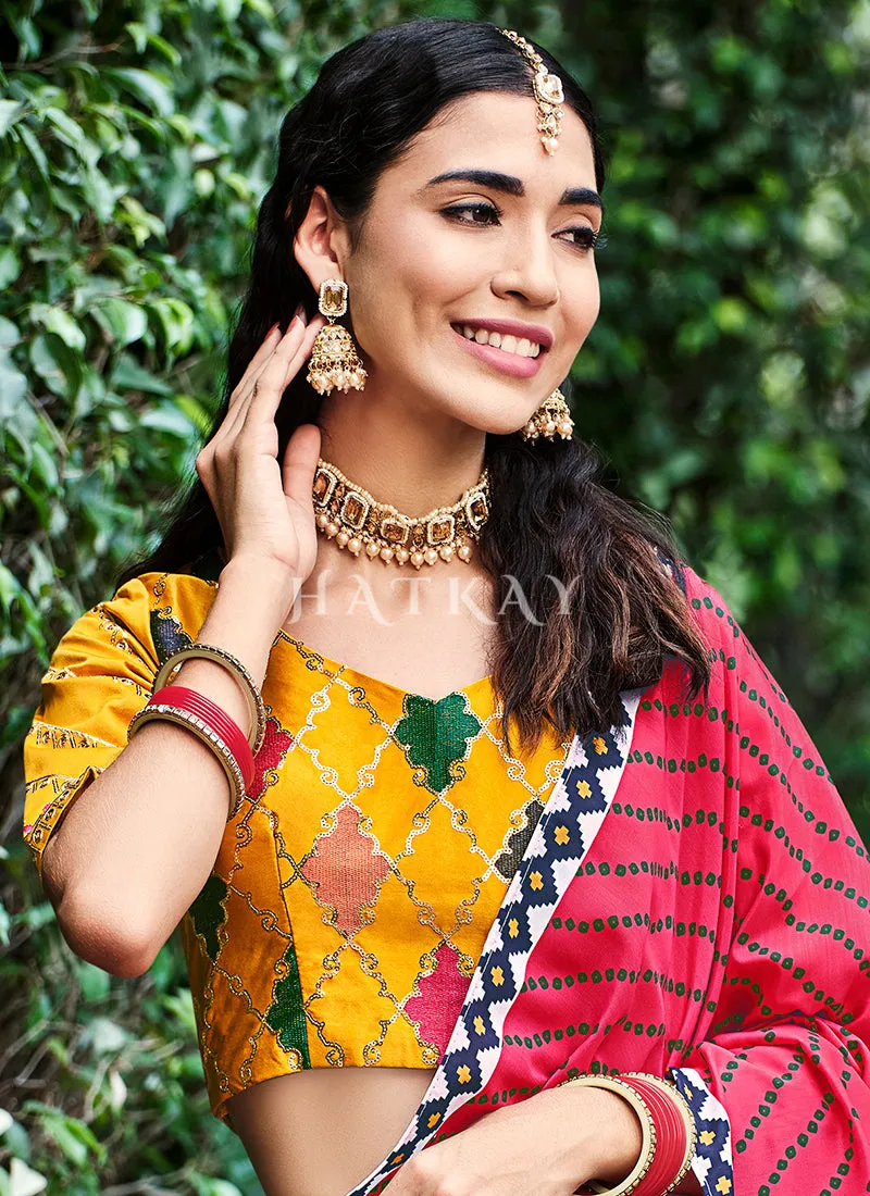Yellow And Pink Multi Embroidery Silk Lehenga Choli